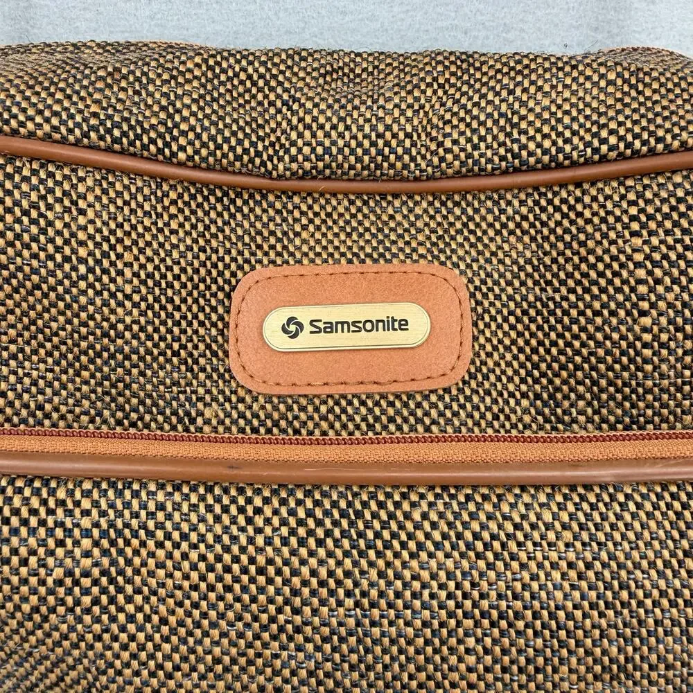 Vtg 70s Samsonite Tweed Woven Brown Carry On Travel Luggage Shoulder Strap Bag